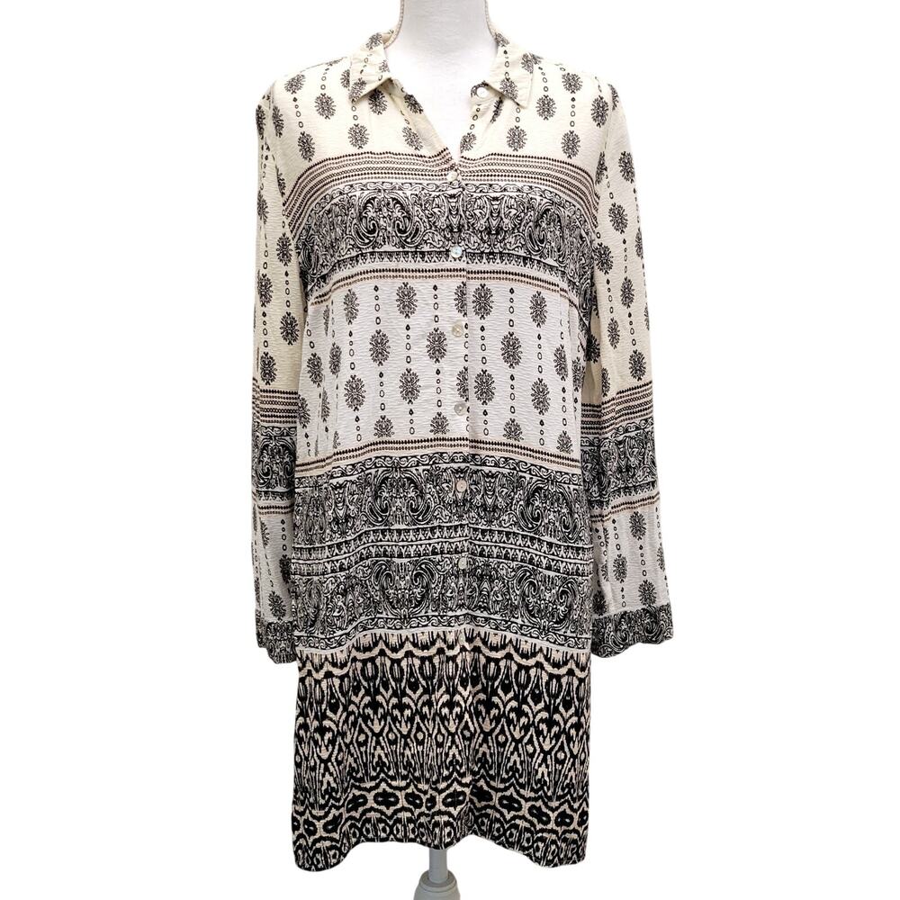 Chico's Button Up Tunic Top Women's 2, L Long Sleeve Batik Damask Side Slit Boho